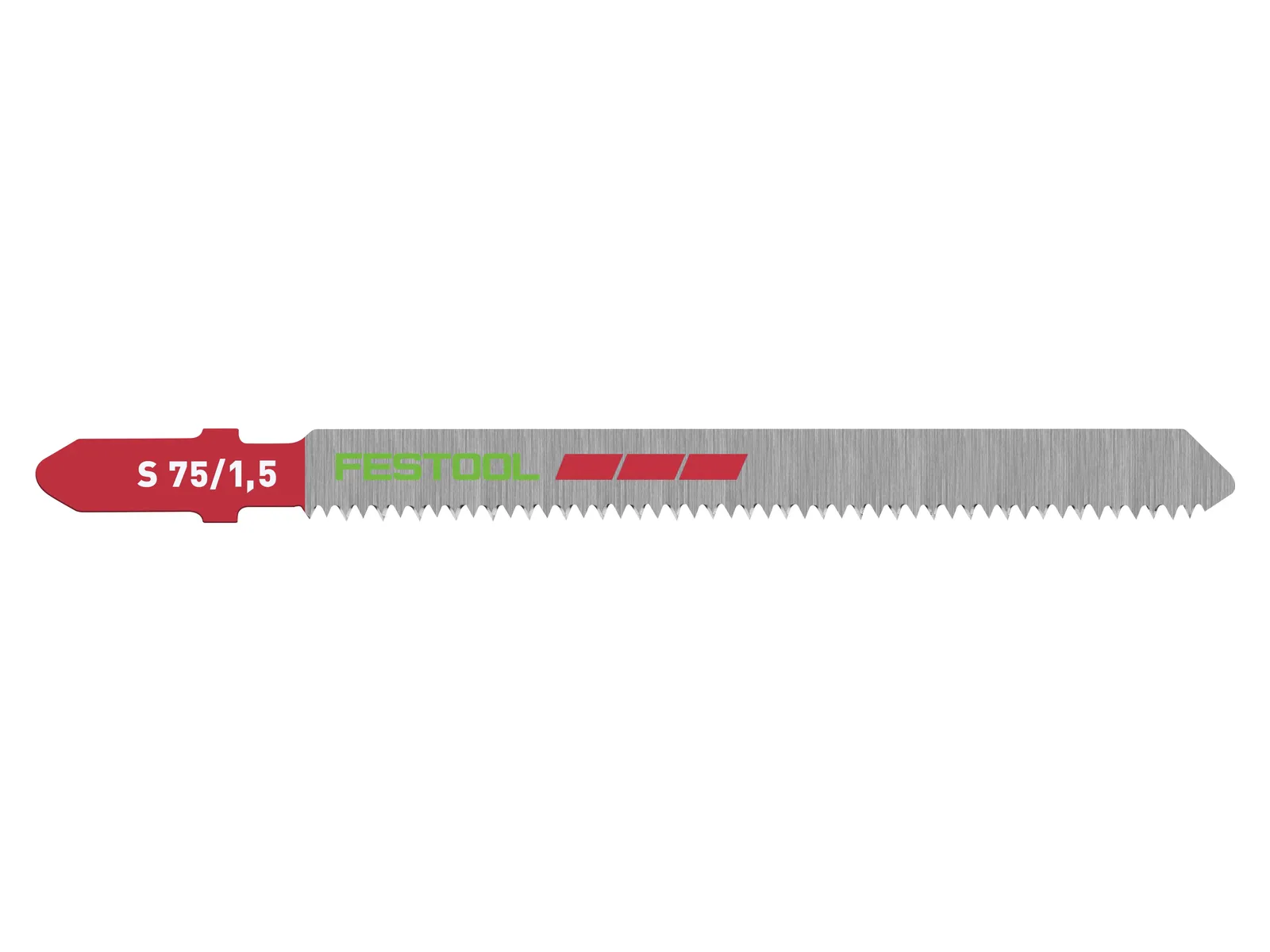 A silver Festool jigsaw blade with a red shank. The blade has fine, evenly spaced teeth and the Festool brand printed in green.