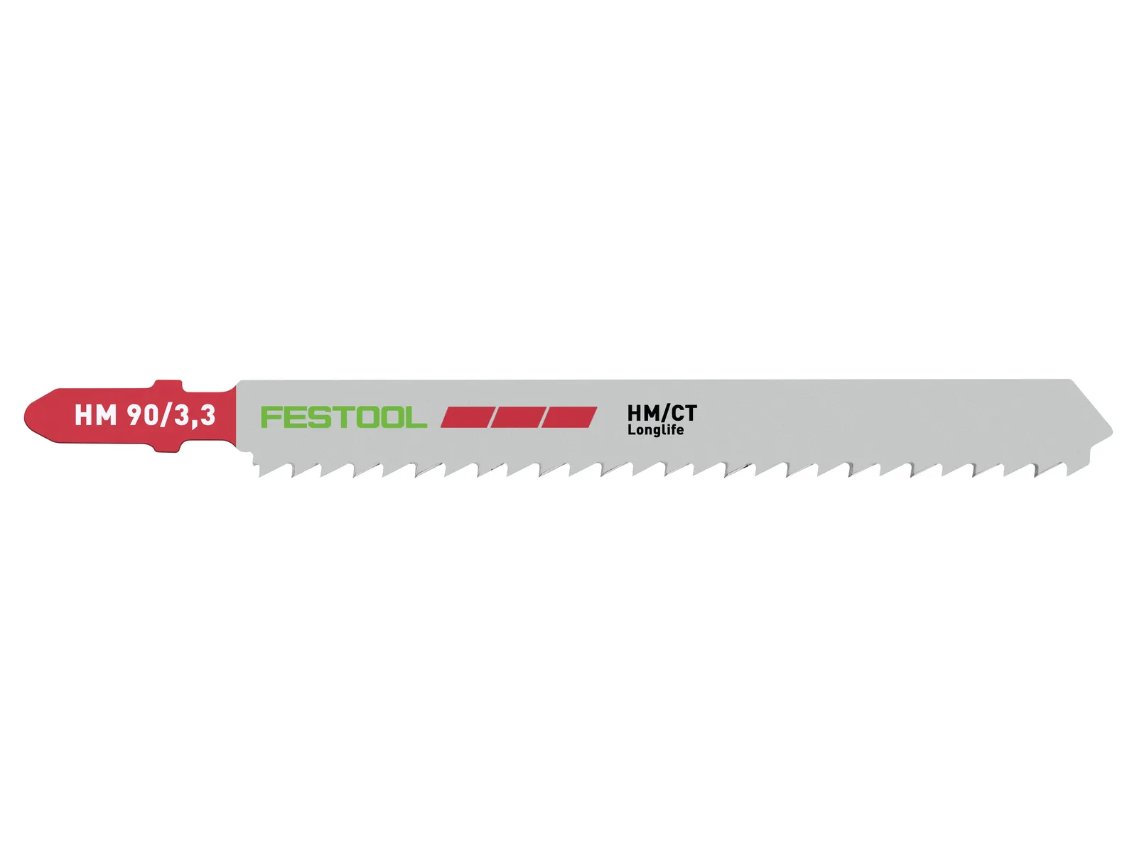 A Festool HM 90/3.3 jigsaw blade with a red shank, silver body, and sharp teeth.
