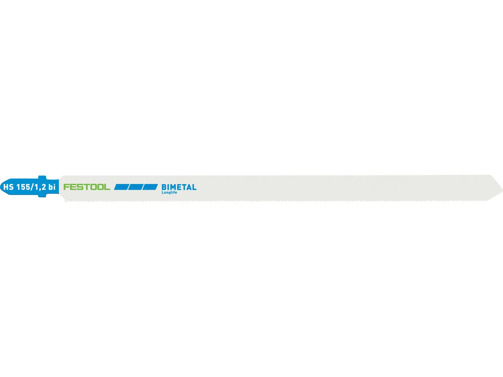 A long, thin, white bimetal saw blade with fine teeth on one end, designed for use with power tools.