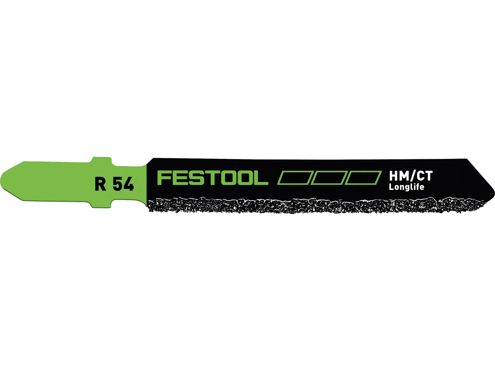 A Festool jigsaw blade with a green end and black body, featuring a gritty edge designed for cutting.