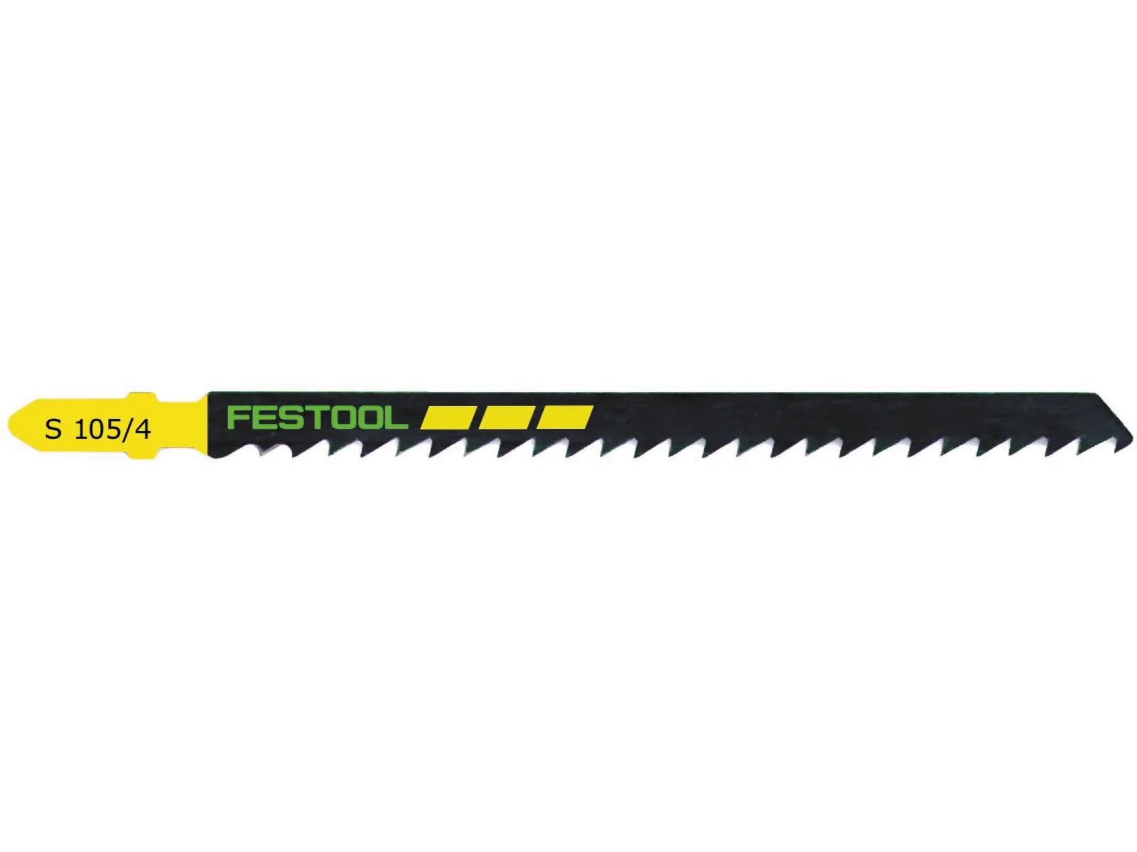 A Festool jigsaw blade with a yellow shank and a black body featuring sharp teeth and the Festool logo in green and yellow.