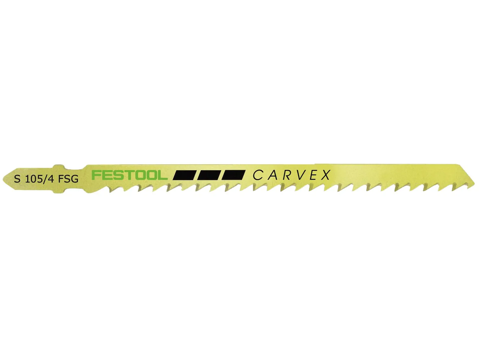 A yellow Festool Carvex jigsaw blade with sharp teeth.