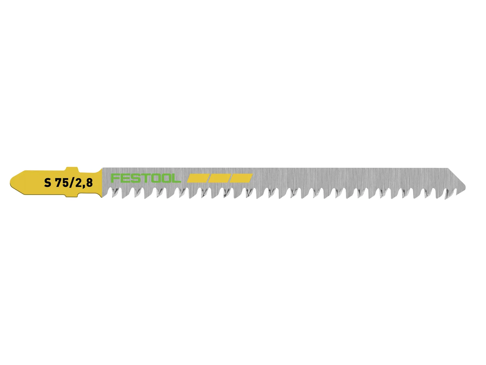 A Festool jigsaw blade with a yellow shank and a silver serrated blade with sharp teeth, designed for cutting wood or similar materials.