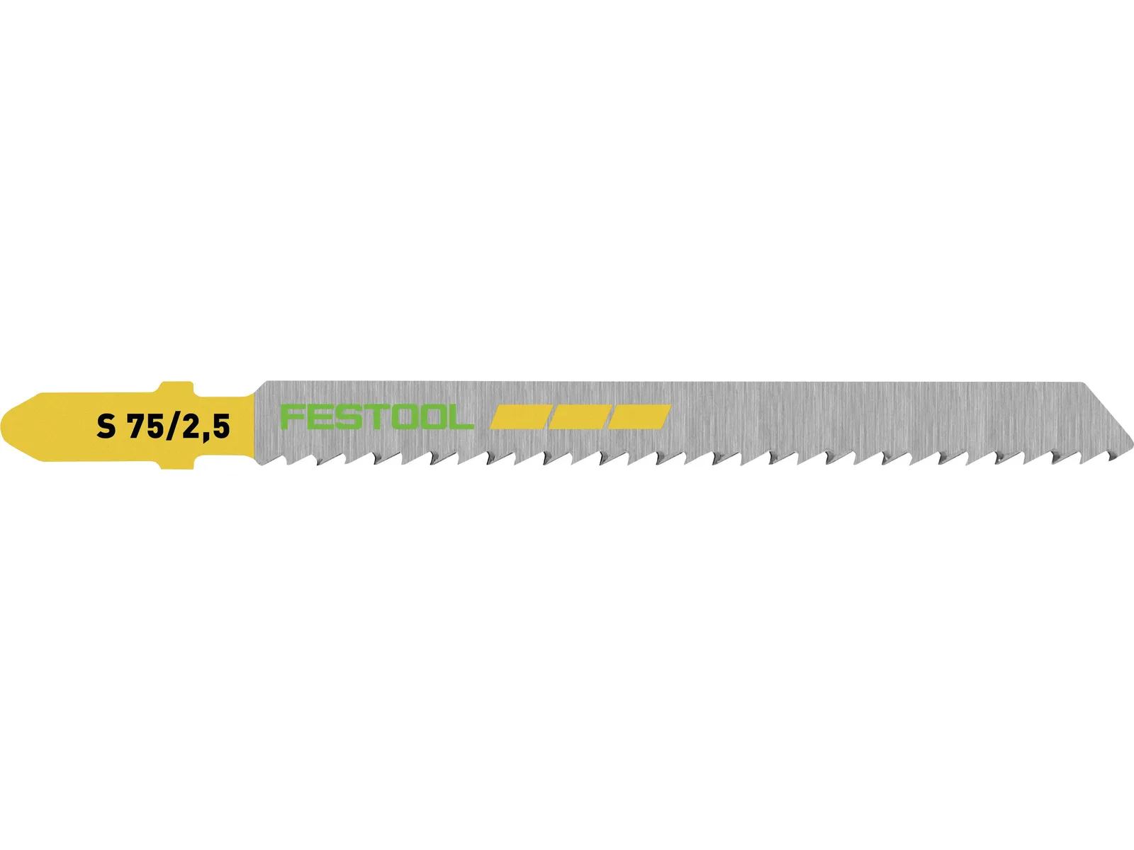 A Festool jigsaw blade with a yellow shank and a silver serrated cutting edge, designed for wood or similar materials.