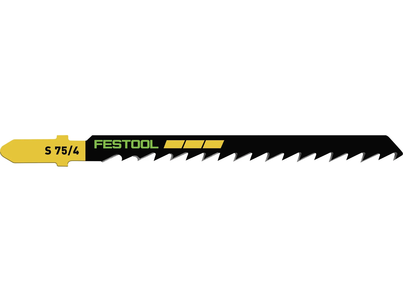 A Festool jigsaw blade with a yellow and black design, featuring sharp teeth along one edge.