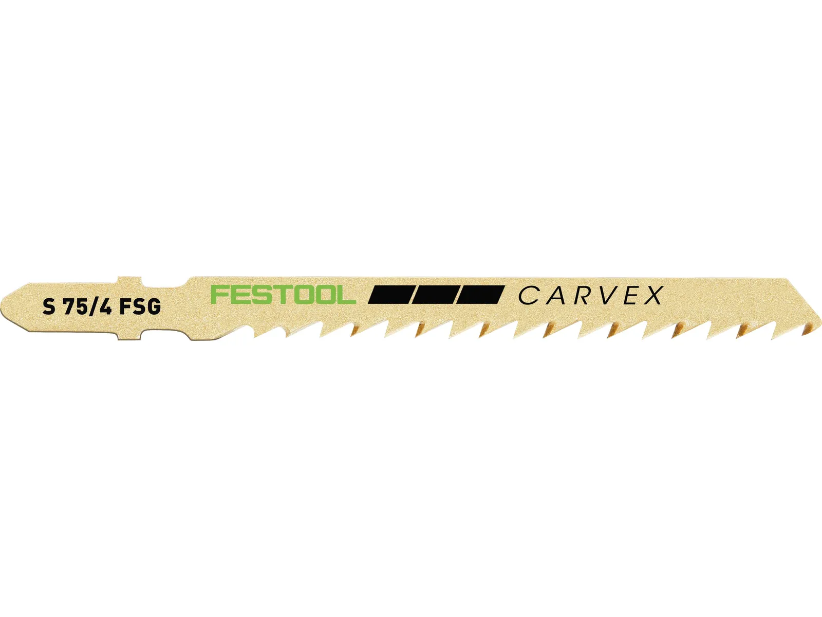 A Festool Carvex jigsaw blade with sharp, angled teeth. The beige blade features black and green graphic accents.