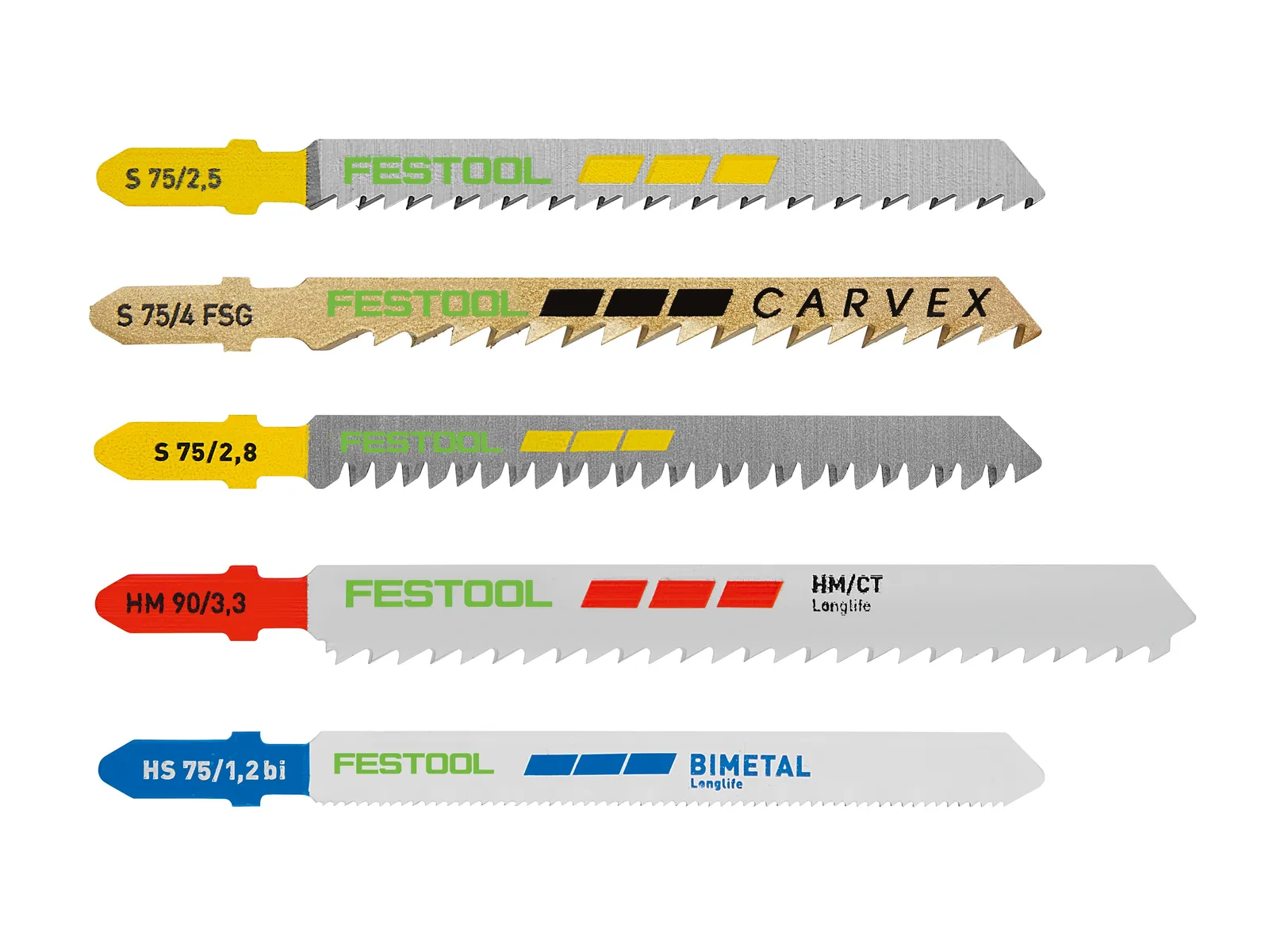 Five Festool jigsaw blades are displayed horizontally, each with unique colors and markings for type, size, and material.