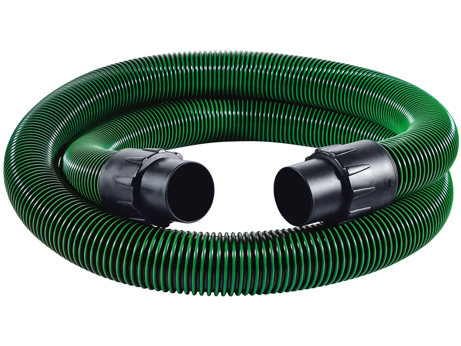 The Festool 204923 Suction hose D36/32x3,5m-AS/R is a coiled, flexible green hose with black connectors at both ends.