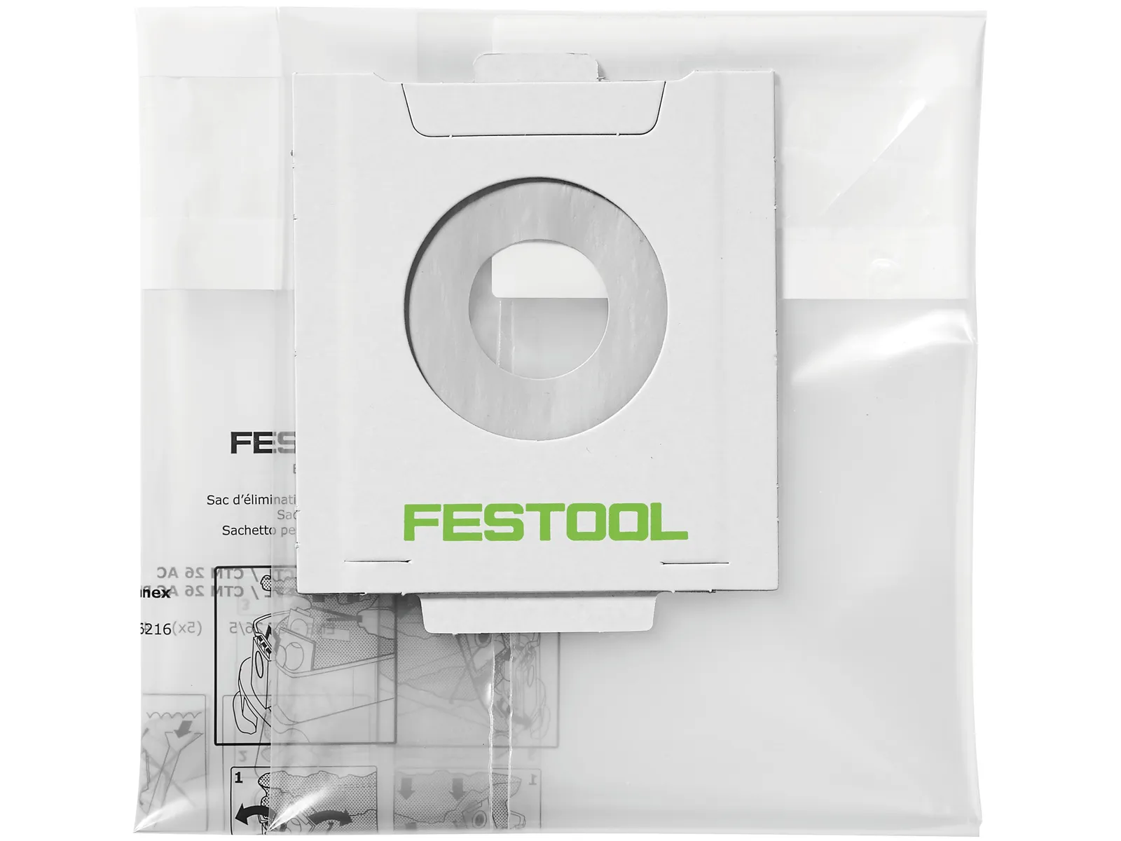The Festool 204296 Waste bag ENS-VA-20/10 is white with a cardboard collar and green logo, packaged in a clear plastic bag.