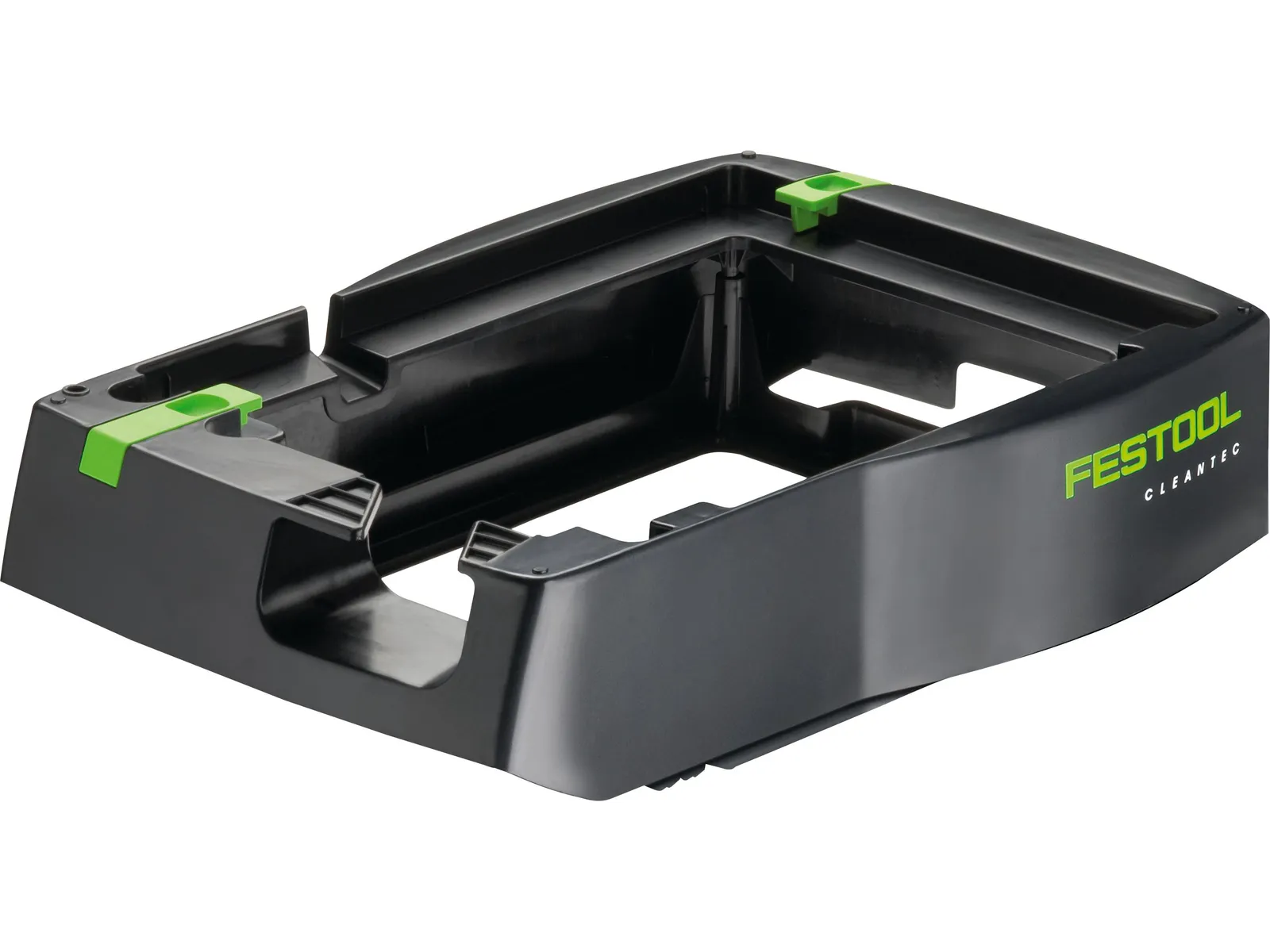 Black Festool Classic plastic tray with green accents organizes tools or accessories, featuring Festool logo on the side.