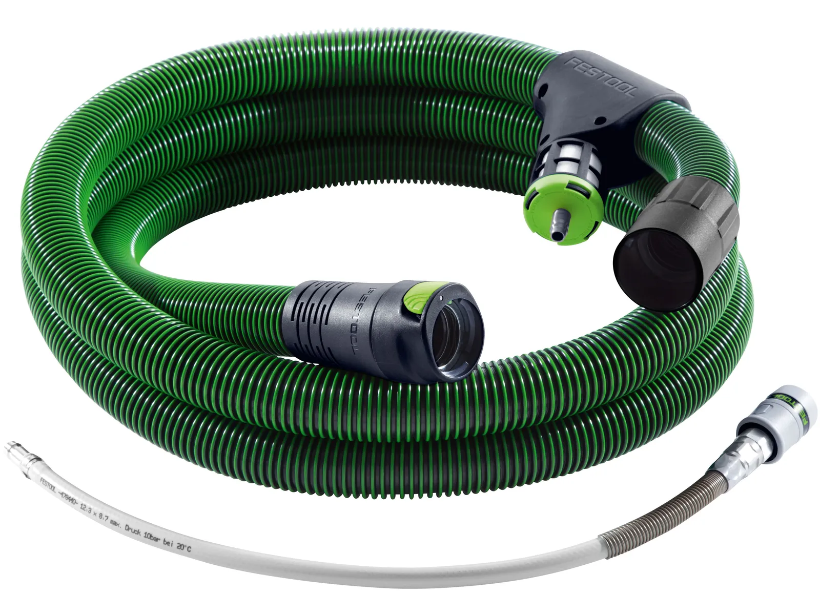 The Festool 204923 Suction hose features a green and black coil, metal and plastic connectors, and a slim gray attachment.