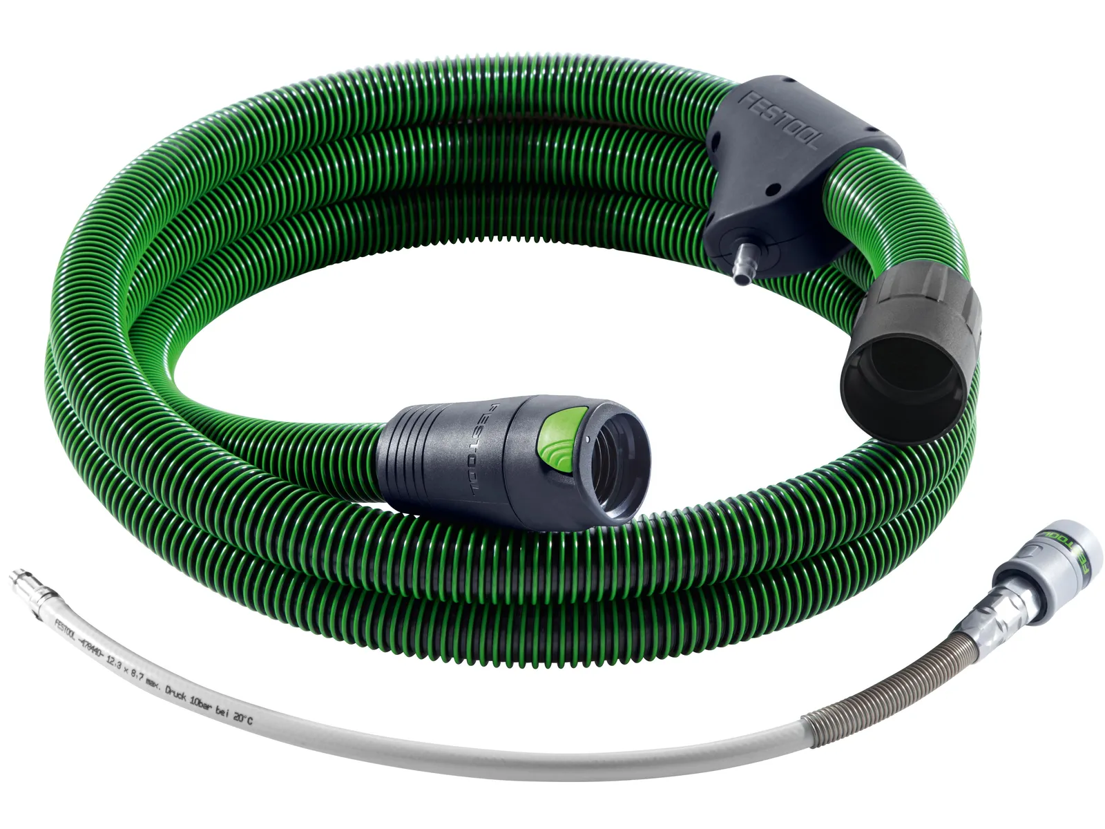 A coiled green and black Festool 204923 suction hose with connectors, beside a gray and silver hose, on a white background.