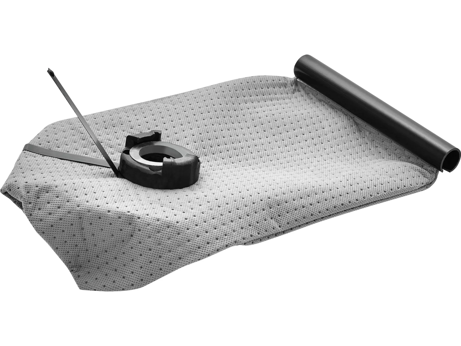 A grey mesh pool cover, partially rolled with a black roller and winding strap, keeps debris out; fits Festool 204296 waste bags.