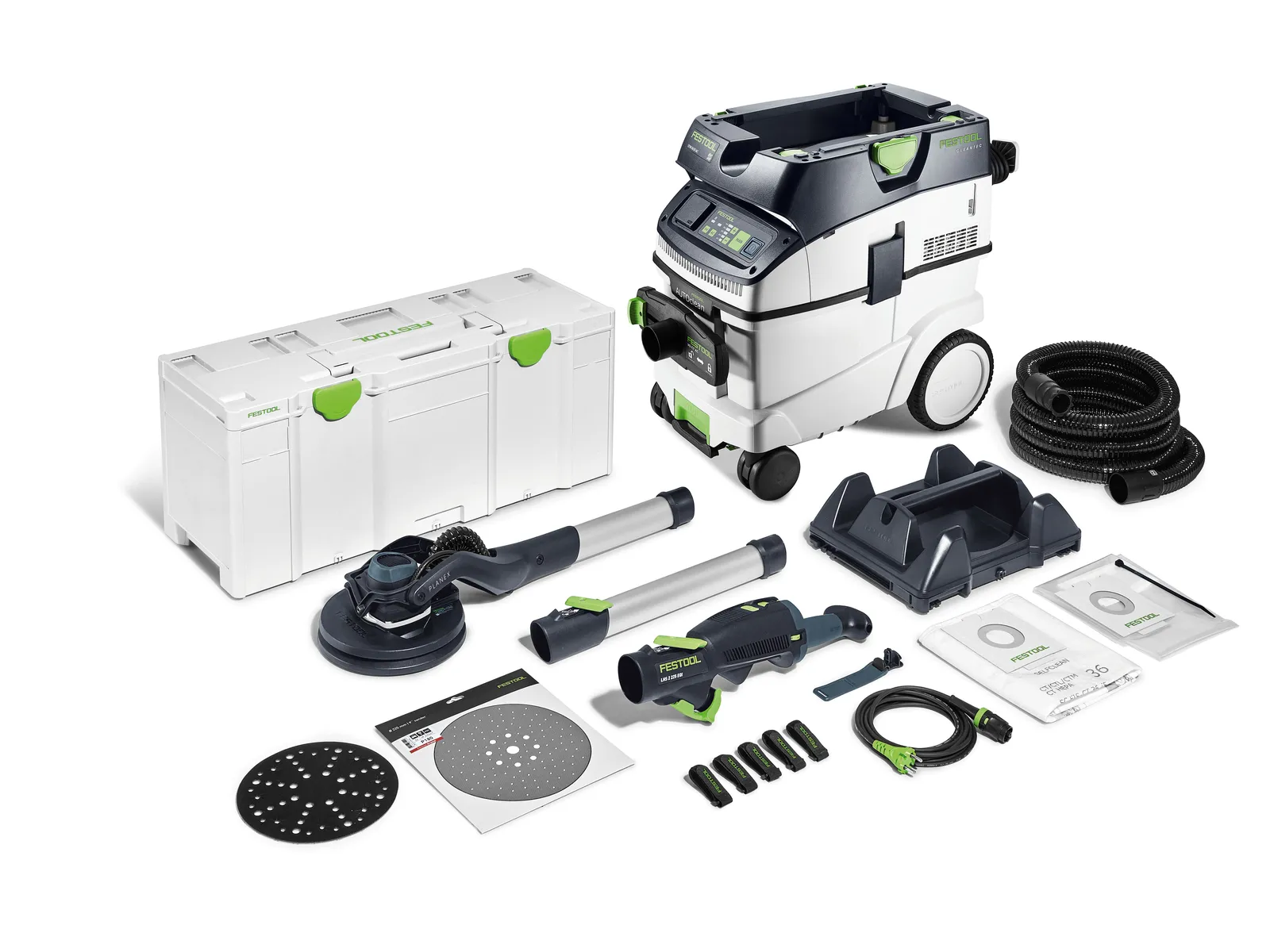 The Festool 578427 Long-Reach Sander set with dust extractor, hoses, discs, connectors, filters, and storage on a white background.
