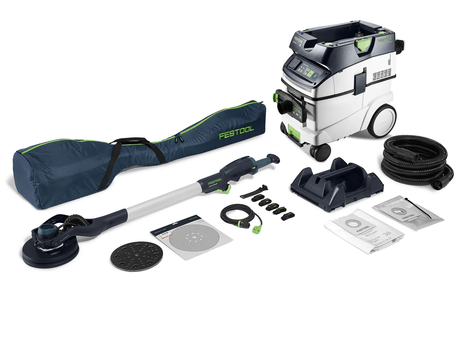 The Festool 578456 LHS 2-M 225 EQ/CTM 36-Set sander and extractor set on white with all included accessories displayed.
