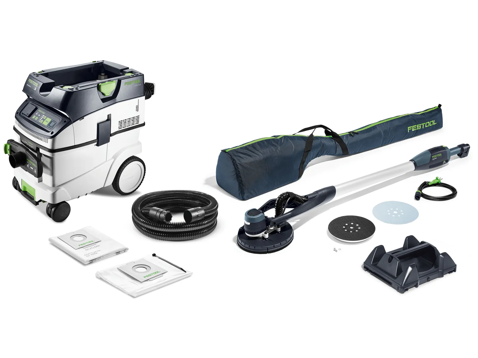 A Festool 578419 LHS-E 225/CTM 36-Set sander and extractor kit with accessories, neatly arranged on a white background.
