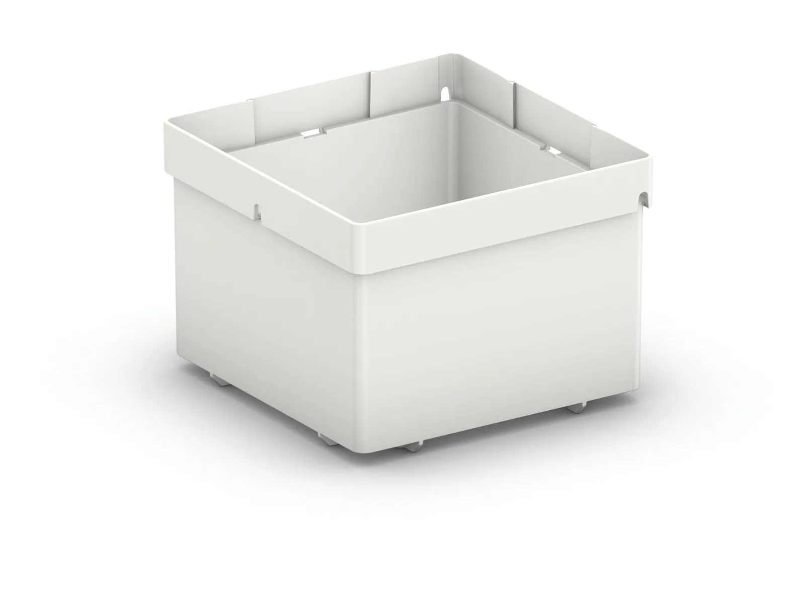 A white, square plastic storage bin with straight sides and a flat base on a plain white background.