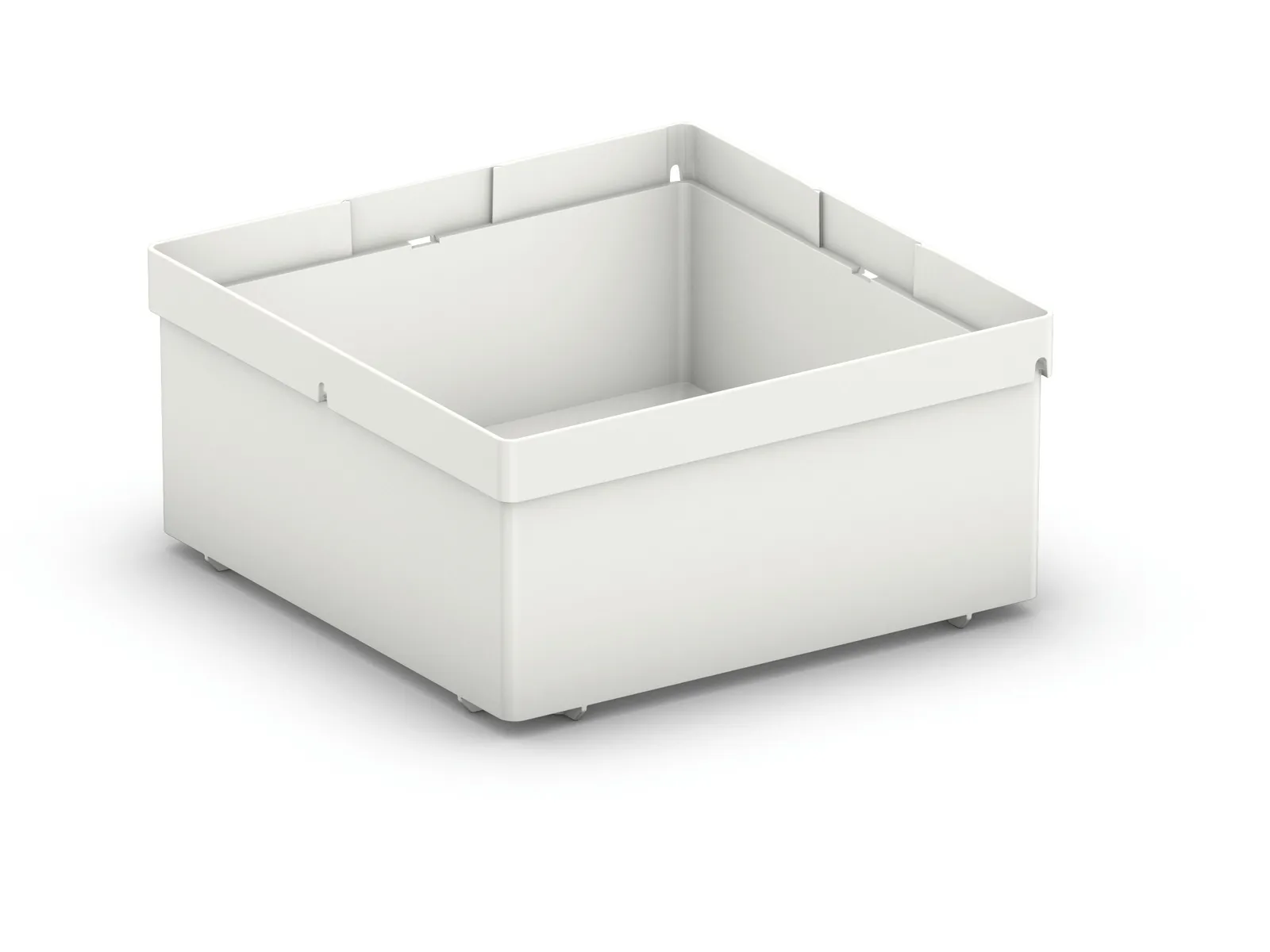 A white, square plastic storage container with straight sides and a slightly raised rim on a plain white background.