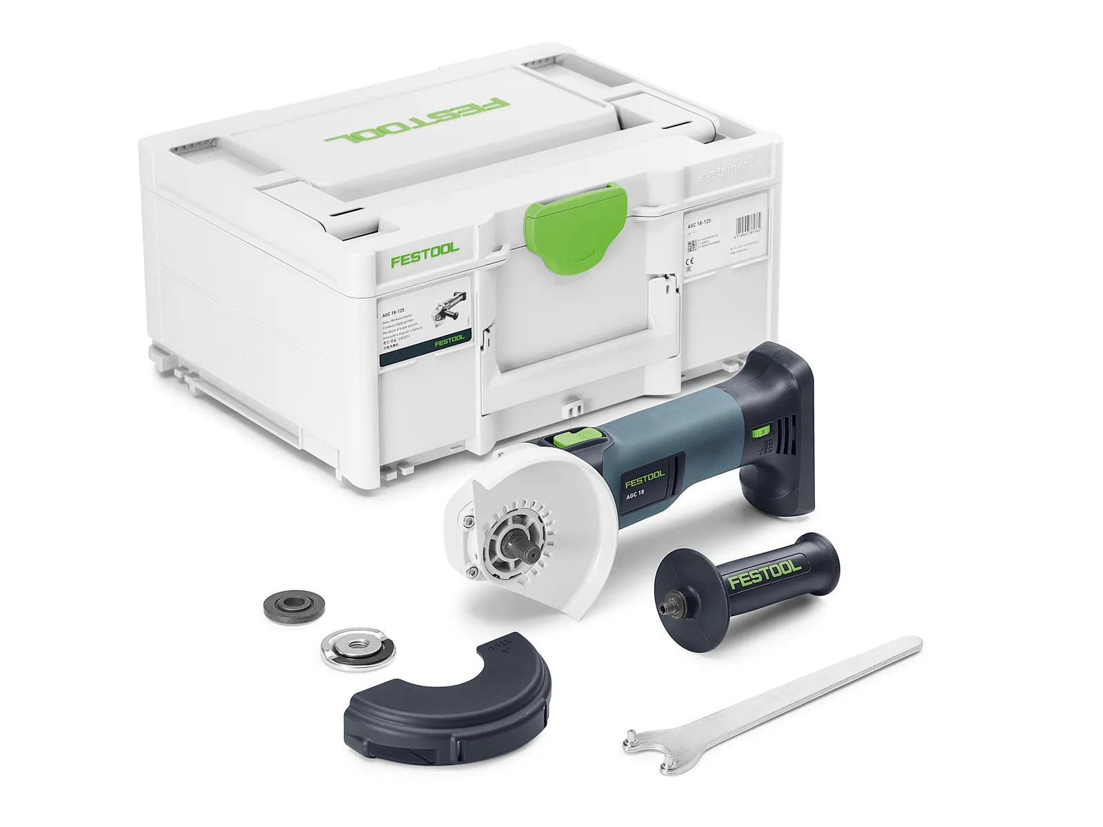 A Festool angle grinder kit with case, handle, guard, wrench, and attachments next to a cordless drill on a white background.
