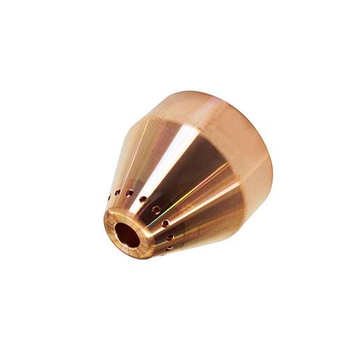 Copper-coloured conical nozzle with a central hole and small base holes, compatible with Powermax65, 85, and 105 systems.