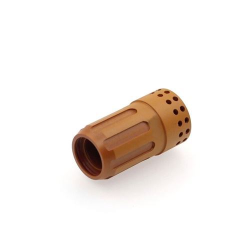 A cylindrical brown metal part with side grooves and small holes near one end, similar to a Swirl Ring 45-85A for plasma systems.