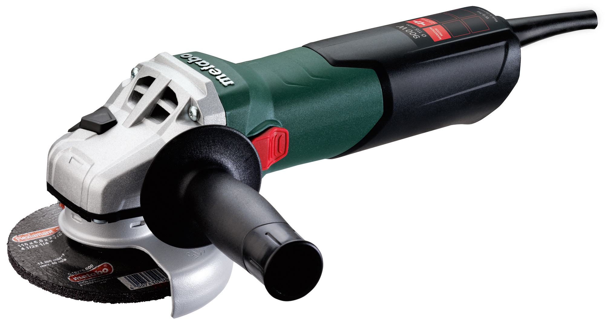 A handheld electric angle grinder with a black and green body, featuring a side handle, guard, and a circular abrasive disc.