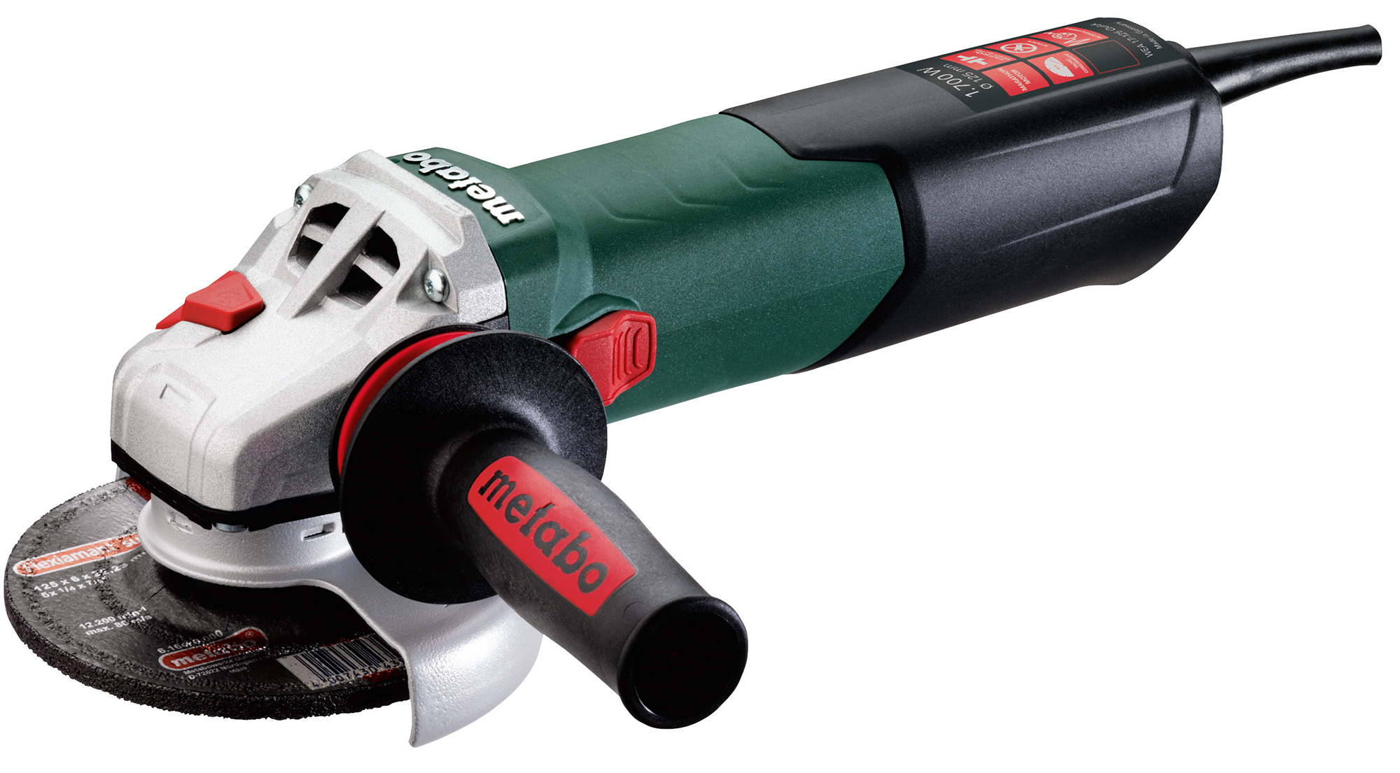 A green and black electric angle grinder with a red and black handle and exposed cutting disc, branded Metabo.