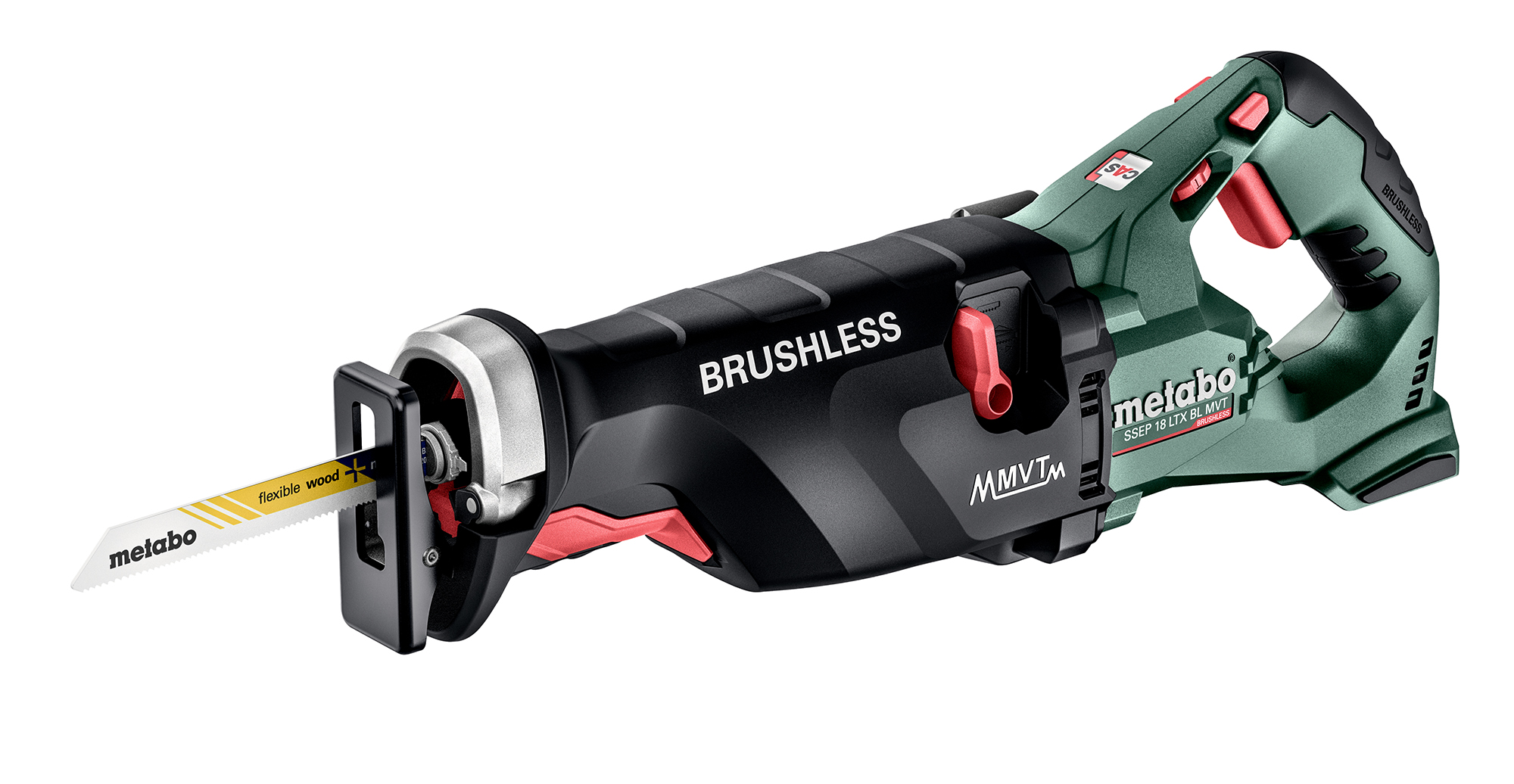 A green and black Metabo cordless brushless reciprocating saw with a yellow blade, angled slightly on a white background.