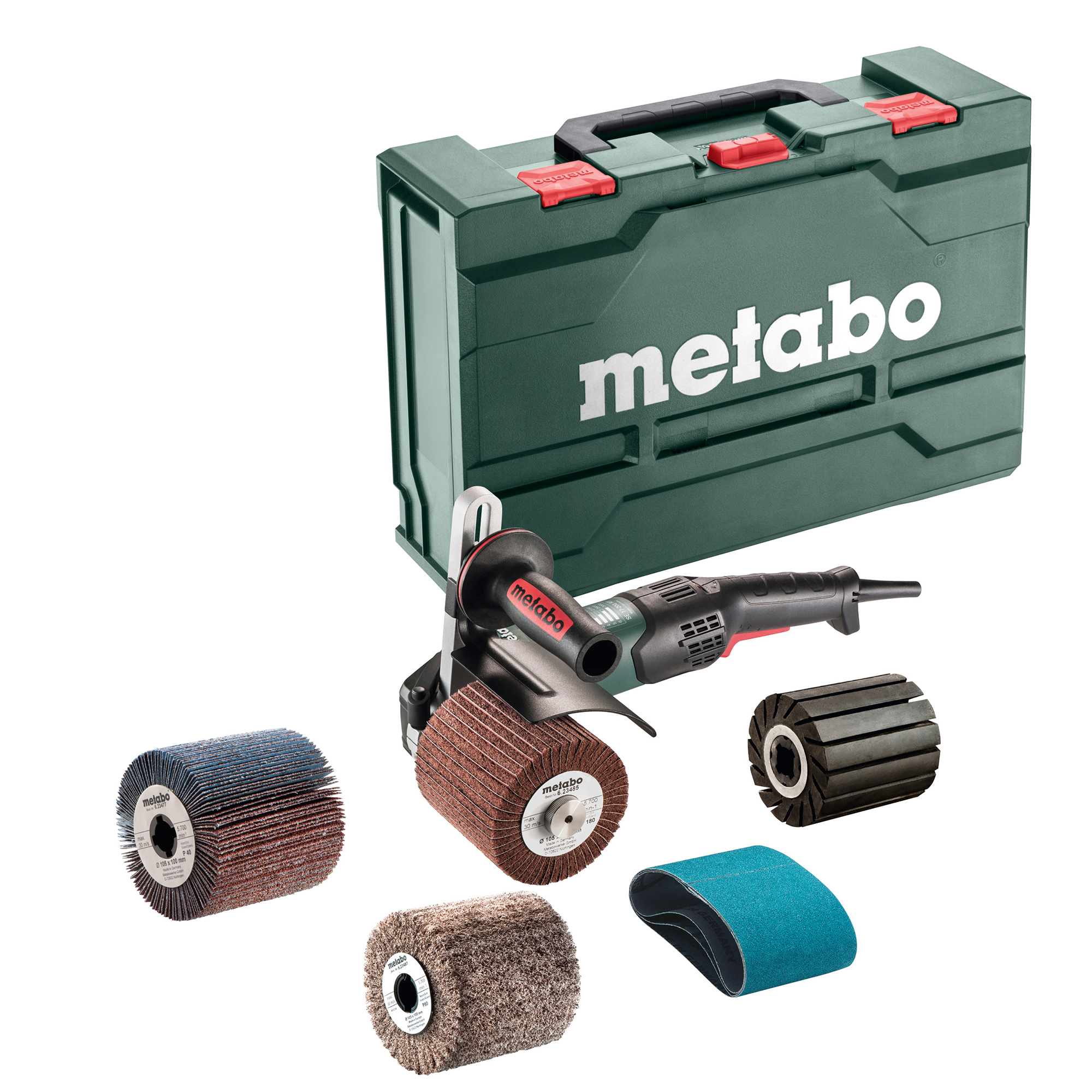 A Metabo power tool kit with a green carrying case, handheld tool, four sanding or polishing attachments, and a blue sanding belt.