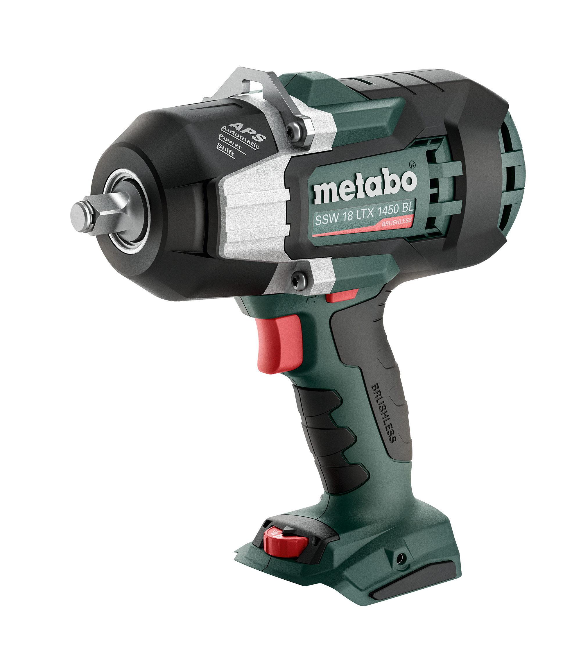 A cordless Metabo impact wrench with a green, black, and silver design, red trigger, and sturdy grip.