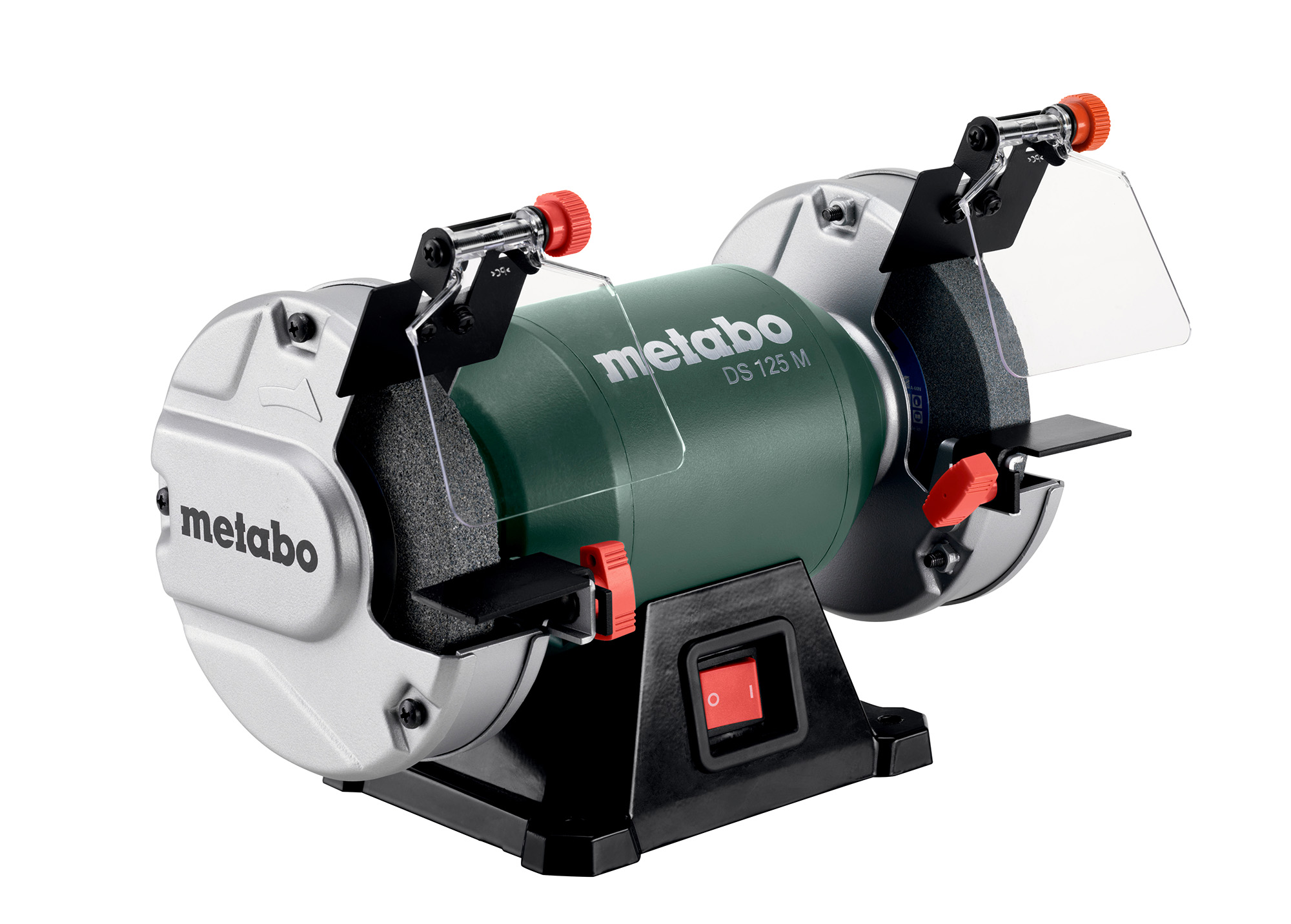 A Metabo DS 125 M bench grinder featuring two grinding wheels, protective eye shields, and a green central housing on white.