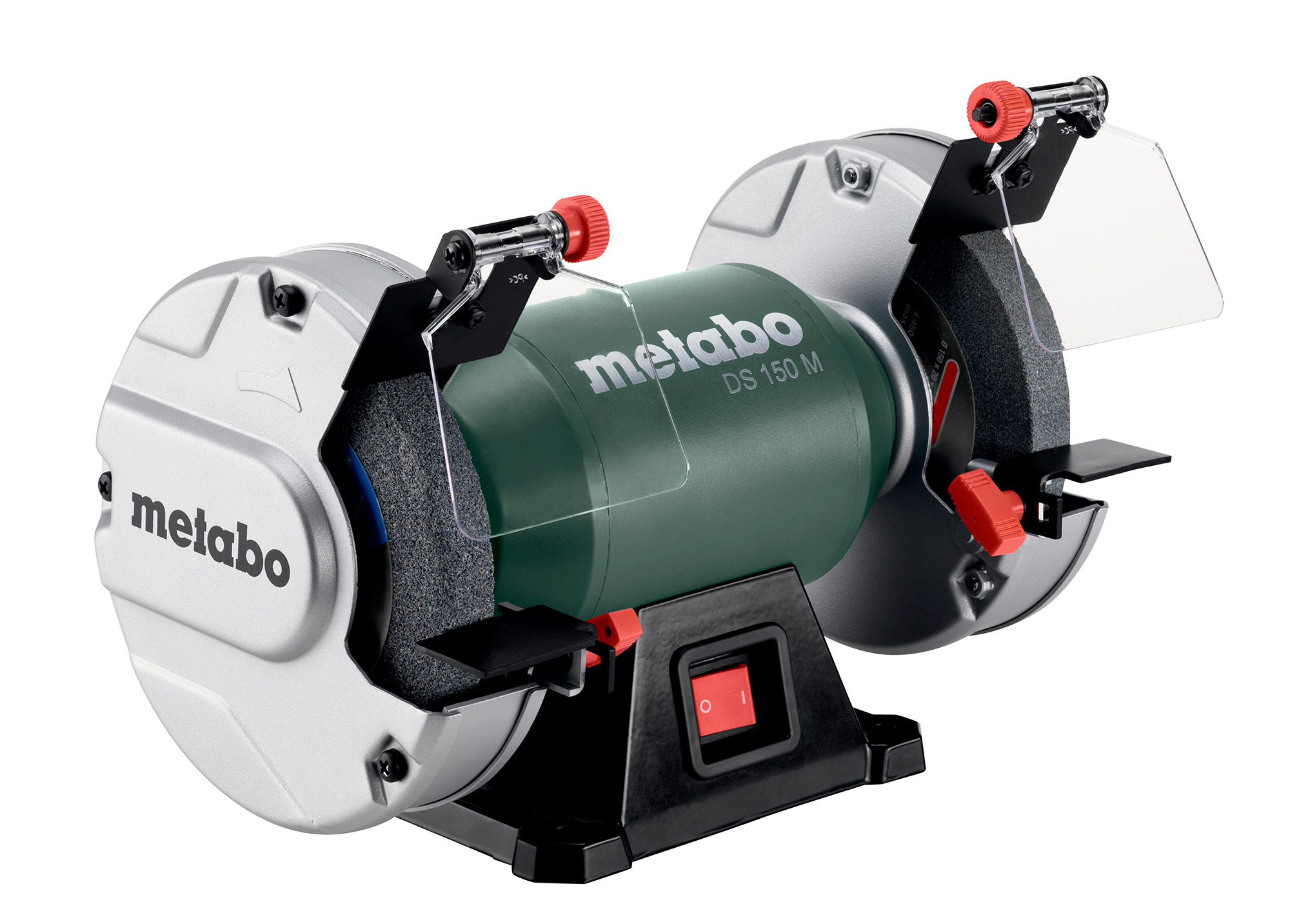 A Metabo DS 150 M bench grinder with two grinding wheels, protective shields, green and silver body, black base, red power switch.