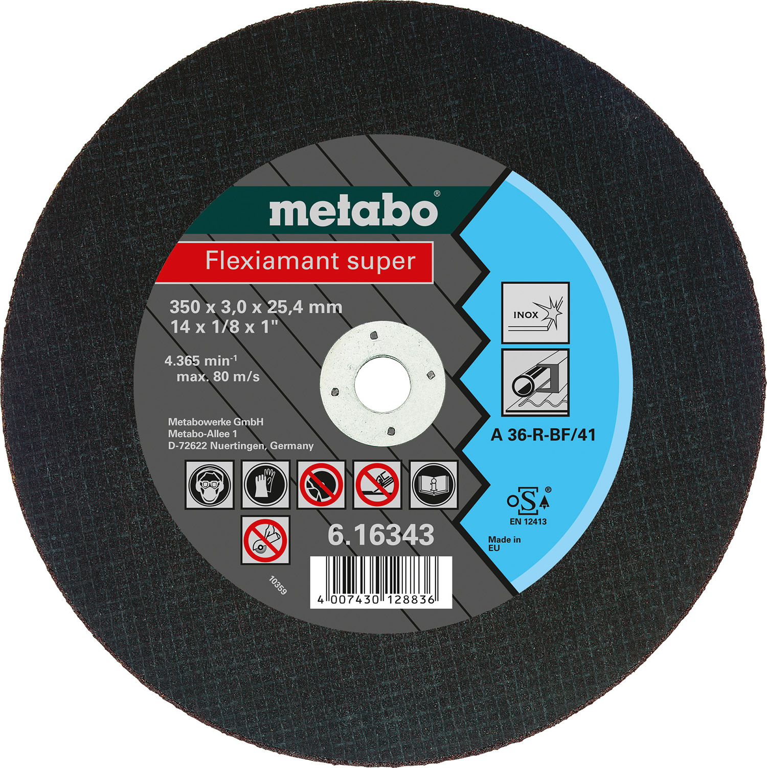 A Metabo Flexiamant Super cutting disc, 350 mm diameter, 3 mm thick, with label showing safety icons and specs on colored background.