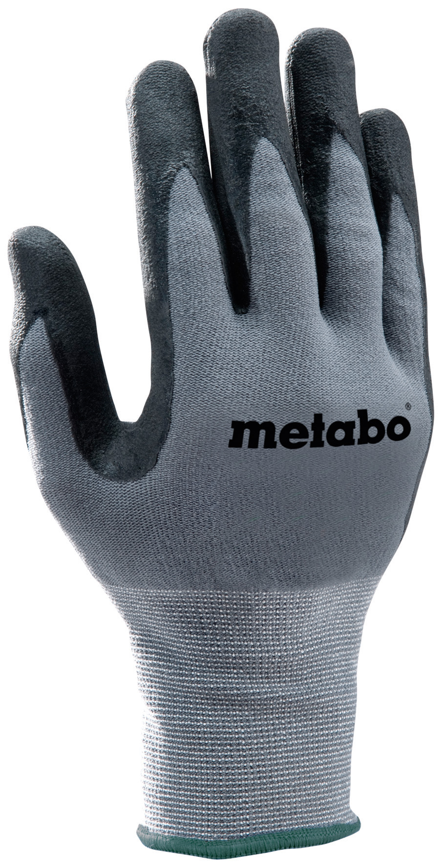 A gray and black work glove shown upright with fingers extended against a white background.