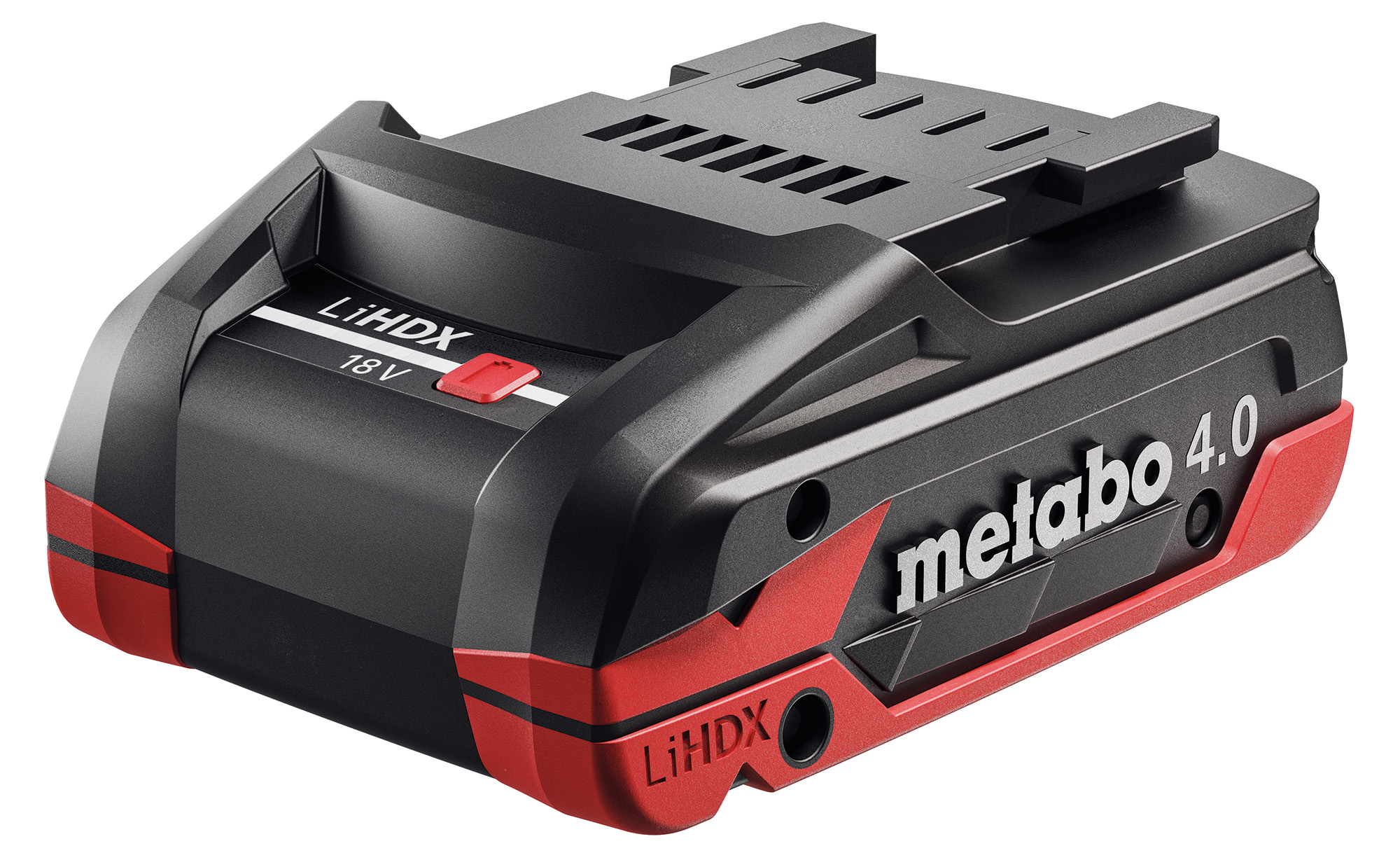 A black and red Metabo LiHD 18V 4.0 Ah rechargeable battery pack, featuring its label, vents, and power tool connection points.