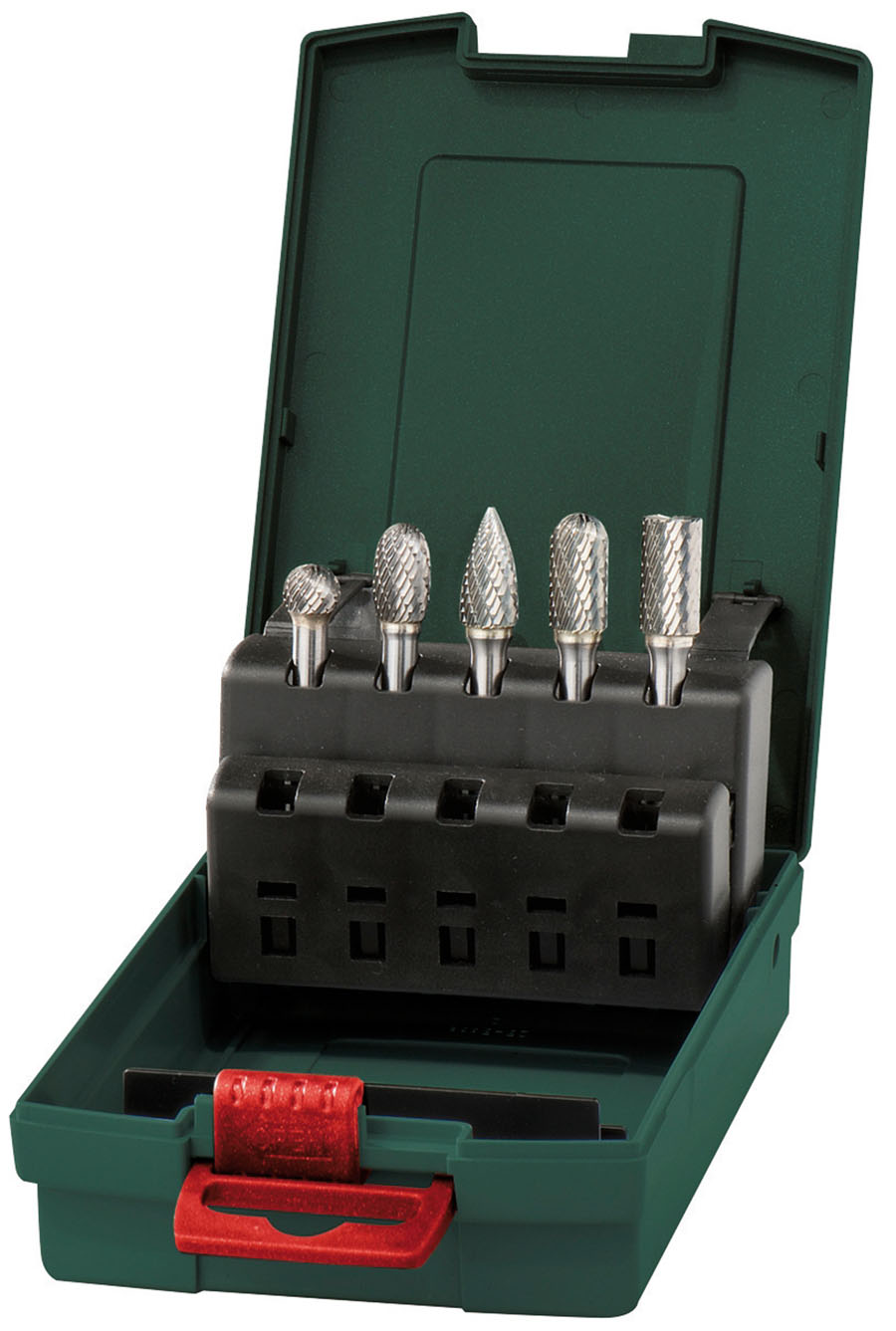 An open green plastic case holds five metal rotary burrs of various shapes in a black holder, with a red latch at the front.