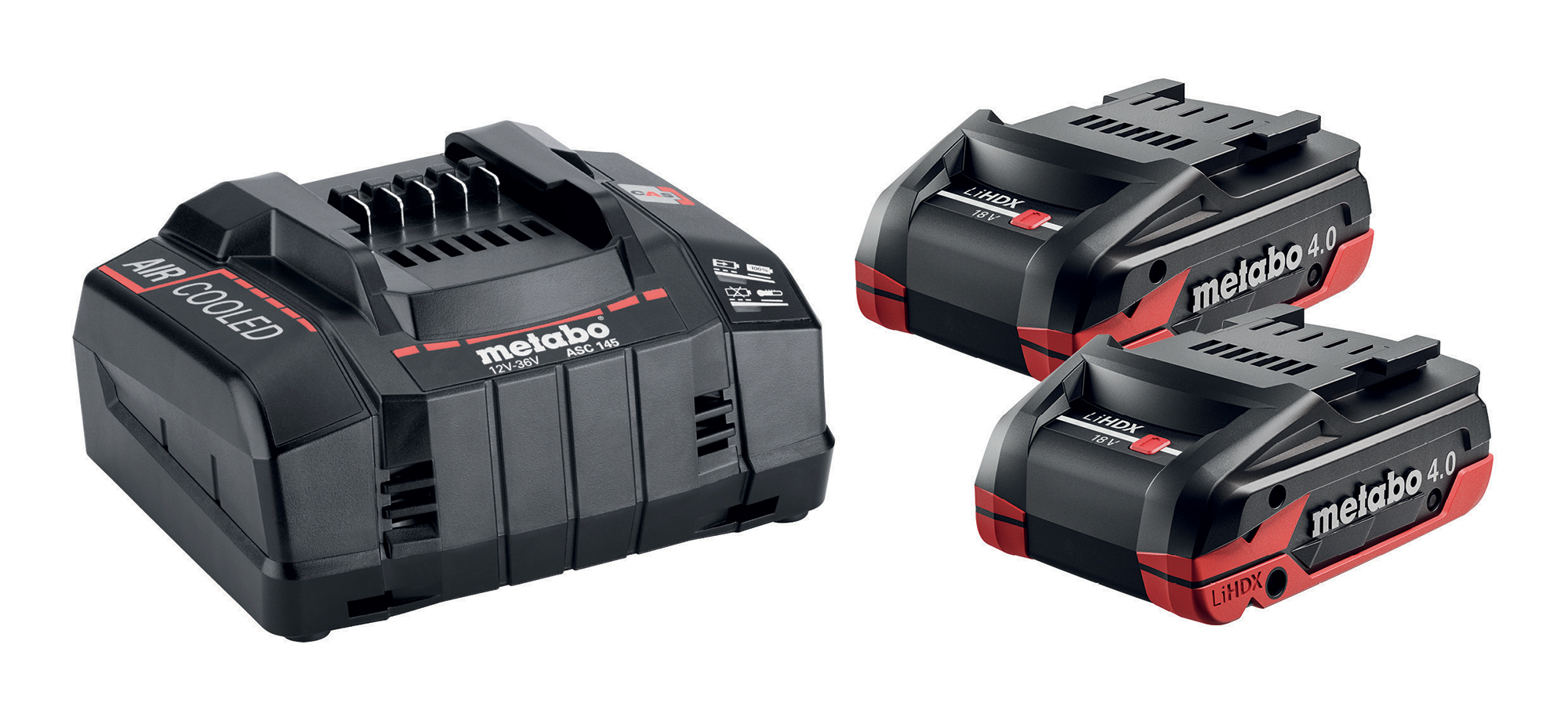 A black Metabo battery charger and two black Metabo LiHD batteries with red accents on a white background.