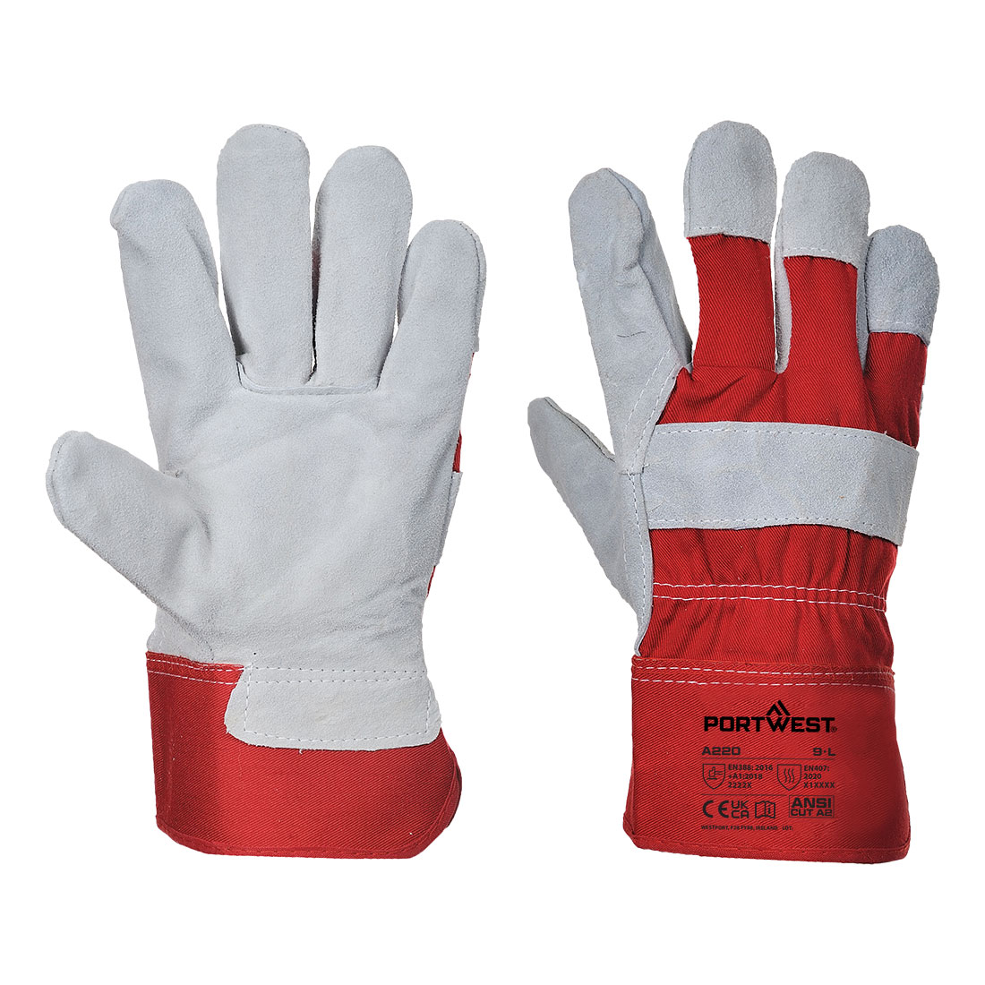 Two grey leather A220 rigger gloves with red cuffs and white stripes, shown palm up and down. Available in XL Green.