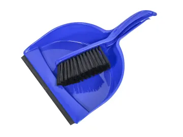 The plastic dustpan and brush set features a blue dustpan with a black-bristled brush that fits neatly inside for easy cleaning.