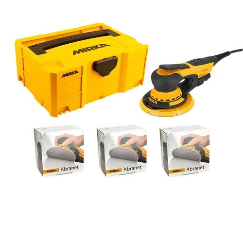 A yellow Mirka tool case, an electric sander, and three boxes of Mirka Abranet sanding pads on a white background.