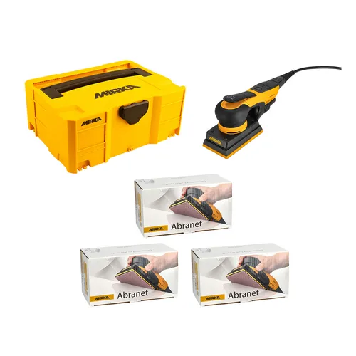 A yellow Mirka toolbox, a black and yellow electric sander, and three Abranet sanding sheet boxes on a white background.