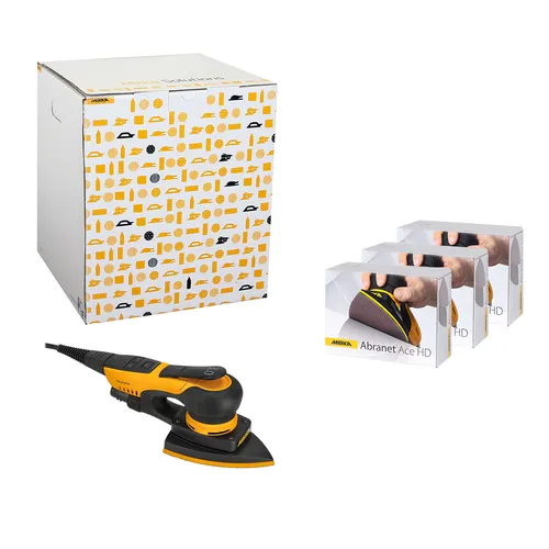 A yellow and black electric sander, three boxes of sanding pads, and a large white box with yellow tool icons on a plain background.
