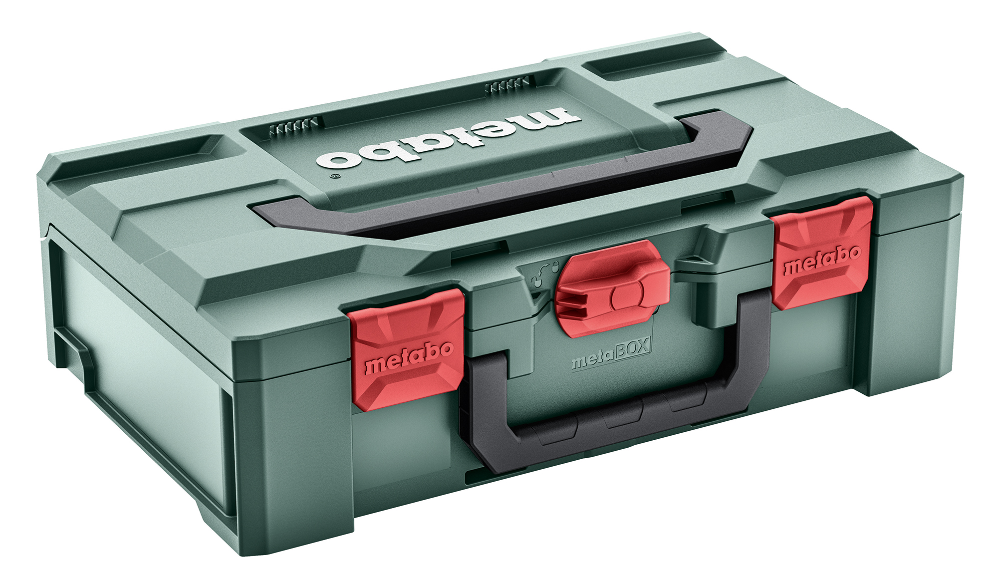 A green Metabo toolbox with red latches and a black handle. The rectangular, sturdy box is meant for carrying and storing tools.