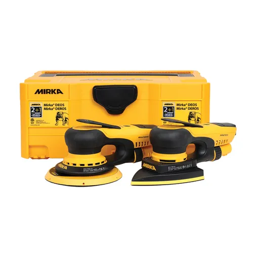 A yellow Mirka tool case sits behind two yellow and black electric sanders, one round and one rectangular, side by side.