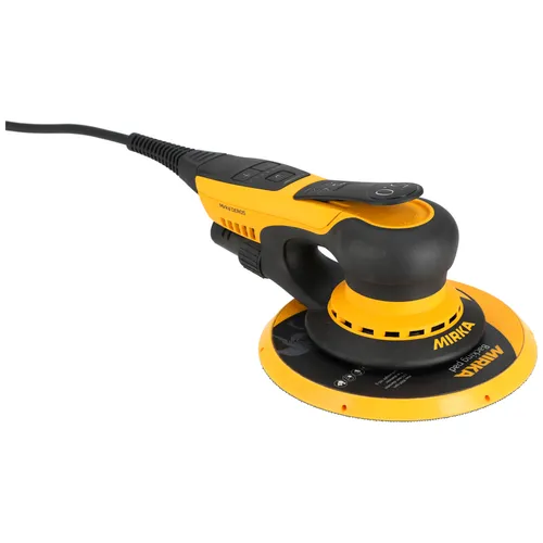 A yellow and black electric random orbital sander with a power cord, ergonomic handle, and round sanding pad.