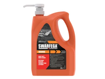 A 4-litre Swarfega Orange Hand Cleaner Pump Top Bottle with dispenser; black label with orange and white graphics.