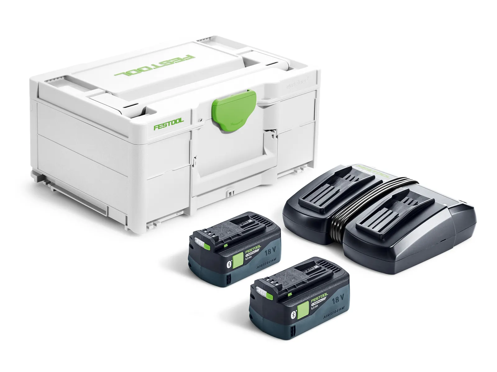 The Festool 578680 Energy set includes a white-green storage case, two black 18V batteries, and a dual charger on white background.