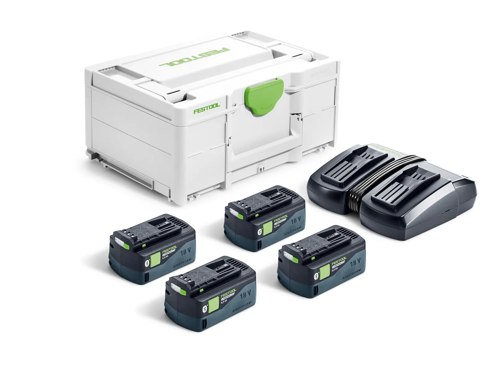 The Festool 578682 Energy set includes four 18V batteries and a TCL6 DUO charger in a storage case on a white background.