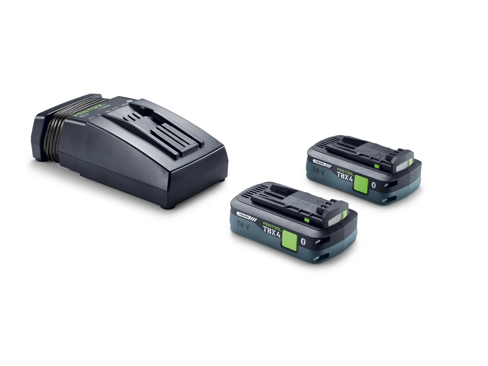 A Festool 578732 Energy set 18V with two black-green battery packs and a charger, displayed on a white background.