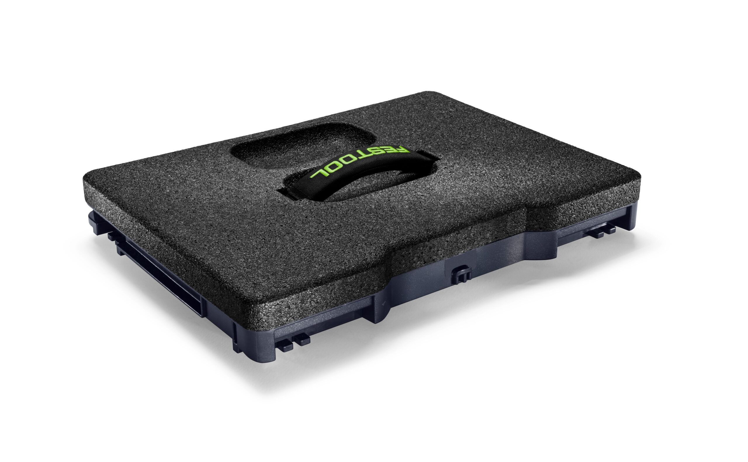 A black textured carrying case with a handle, set against a white background. The case is rectangular with secure side latches.